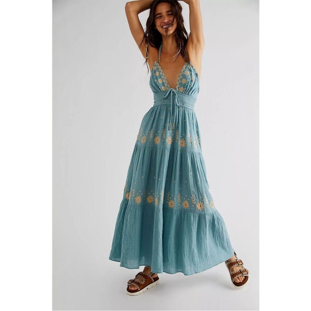 Free People Real Love Embroidered Dress in Ocean Mist